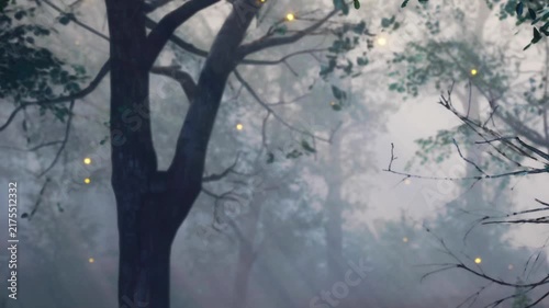 A forest scene shows trees shrouded in mist with soft glowing lights scattered among the branches. Evening light filters through the leaves creating a gentle atmosphere.