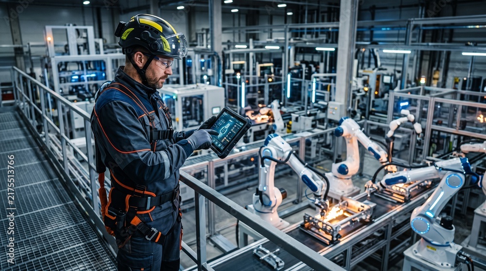 Fototapeta premium Engineer uses tablet to control robotic arms in modern automated factory production line