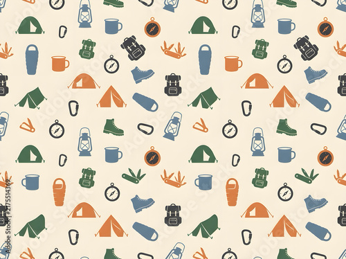 Seamless camping and outdoor adventure equipment pattern in retro pixel art style with seamless hiking tent icons backpack design nature exploration travel background wildlife gea