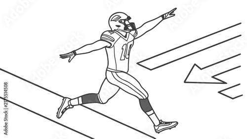 American Football Player Running in Endzone Vector Line Art Illustration for Sports Design