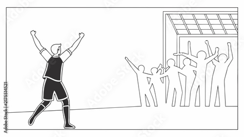 Soccer Player Celebrating Goal with Cheering Crowd in Black and White Outline Vector Illustration for Sport Concept