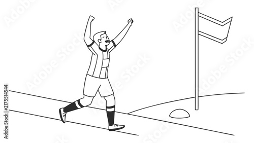 Excited Soccer Player Celebrating Goal on Field Line Art Vector Illustration for Sports Design