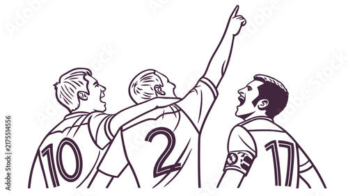 Three Soccer Players Celebrating Goal with Arms Raised Up in Victory for Sports Graphic Design