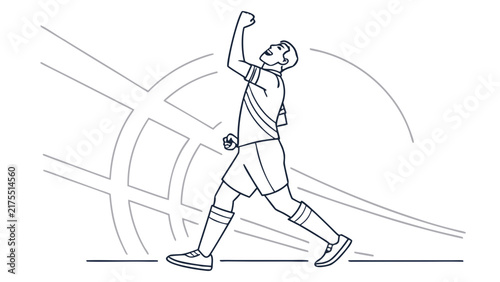 Soccer Player Celebrating Goal with Raised Fist in Vector Line Art Style Illustration for Sports and Fitness Design Concepts