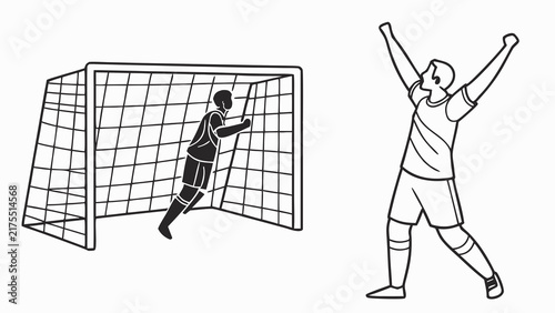 Soccer Player Celebrating Goal and Goalkeeper Conceding Defeat in Vector Line Art Style Illustration