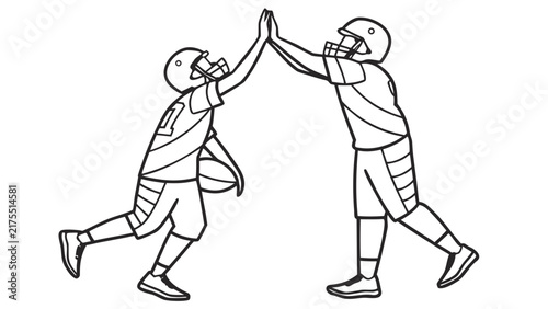 American Football Players High Fiving Line Art Illustration Design for Sports Concept and Coloring Book Page