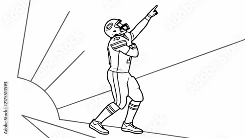 Football Player Coloring Page for Kids, Simple Outline Illustration of Athlete Pointing Upward for Children Activity Book Design