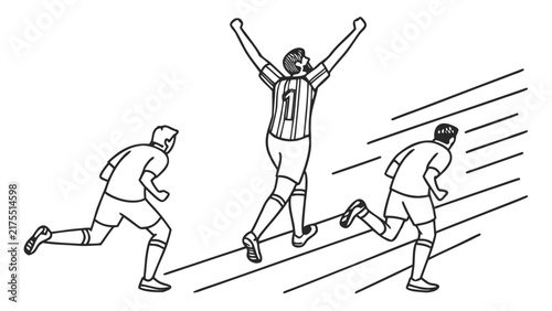 Soccer Players Celebrating Victory in Match Line Art Illustration Concept Design Vector