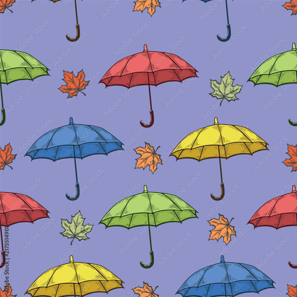Obraz premium Colorful umbrellas seamless pattern, autumn leaves engraving illustration, purple background repeat print, hand-drawn vector
