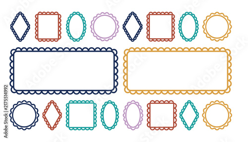 Vintage scalloped border frames vector set in various geometric shapes and colors for greeting cards labels and tags, 17 words.