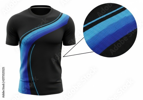 Black athletic tshirt with blue gradient wave design isolated on white background