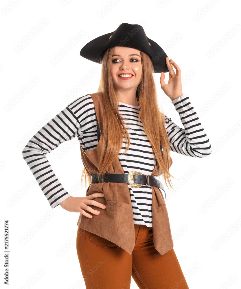 Naklejka premium Beautiful female pirate on white background