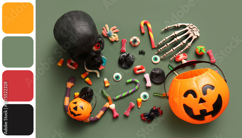Fotografie Halloween celebration and trick or treat concept, spooky skull with candy and ja