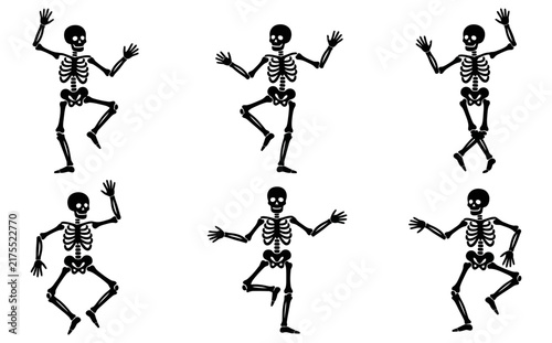 Six stylized black human skeletons in various dynamic dance poses appearing in a repeating pattern against a white backdrop silhouette movement anatomy bone body creepy spooky