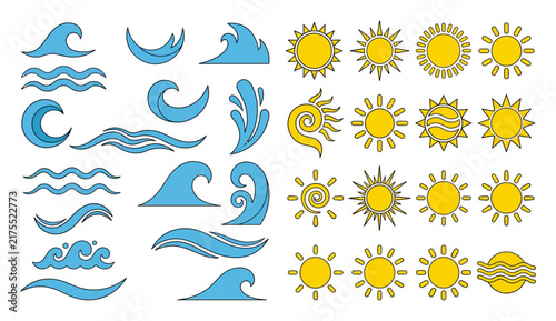 Collection of stylized sun and ocean wave icons in blue and yellow for graphic design elements 176  water sea summer sky nature weather sunshine warm heat bright