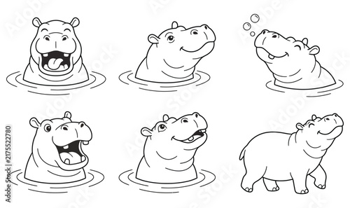 Collection of six whimsical illustrations featuring happy hippopotamuses in various poses some submerged in water with playful expressions animal cute cartoon joy cute animal