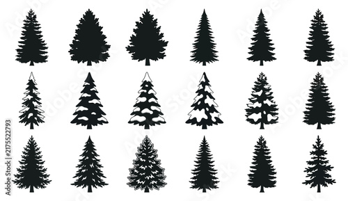 Collection of various stylized evergreen trees including silhouettes and snow covered variations arranged in rows for design purposes christmas trees pine trees fir trees