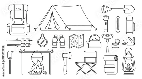 A collection of camping gear and equipment depicted in a simple outline style including a tent backpack campfire and cooking utensils outdoors adventure hiking exploration