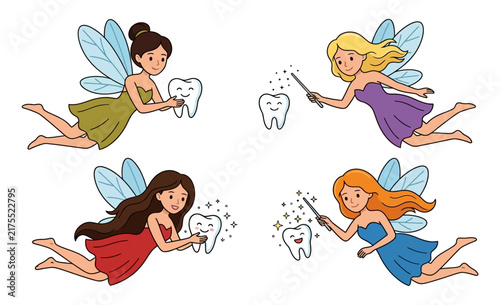 Four cartoon tooth fairies with wings and wands are depicted flying with smiling teeth with two fairies holding teeth and two using wands tooth fairy dental children magic