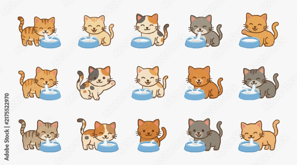 Obraz premium Sleek Collection of Diverse Cats Drinking Water from Blue Bowls in Playful Cartoon Style with high quality professional line art symbols for modern creative design and digital branding projects