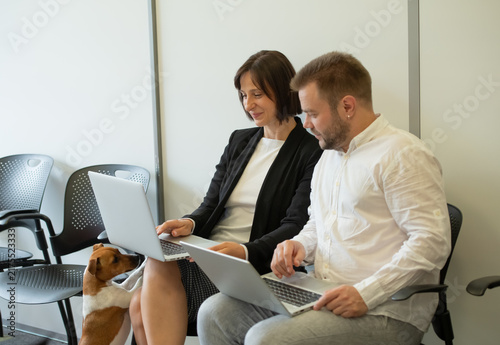 Canvas Print two professional people employees working together in the office discussing deve