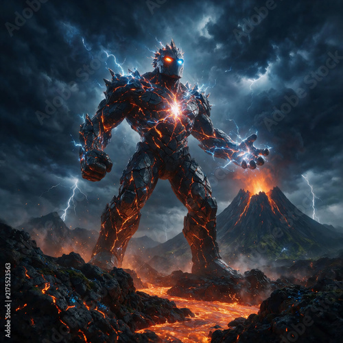 Fiery Futuristic Energy Warrior in Lightning Storm