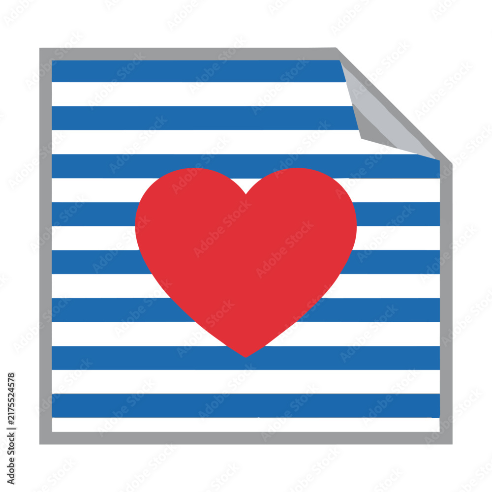 Obraz premium Flat graphic of a square sheet of paper with a curled corner revealing a red heart over blue stripes on a white background. Love message concept