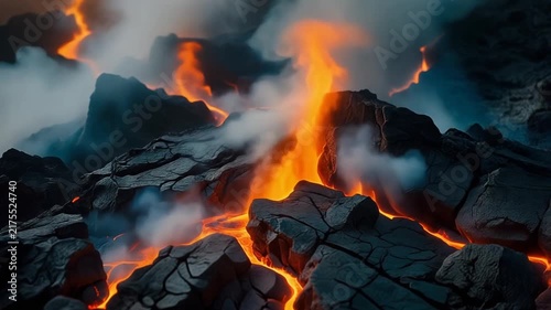 Cinematic macro video of glowing molten lava flowing through cracked volcanic rocks with rising steam.