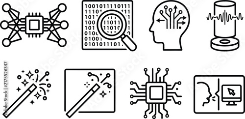 Artificial intelligence and machine learning line icon set containing neural network chip and data symbols