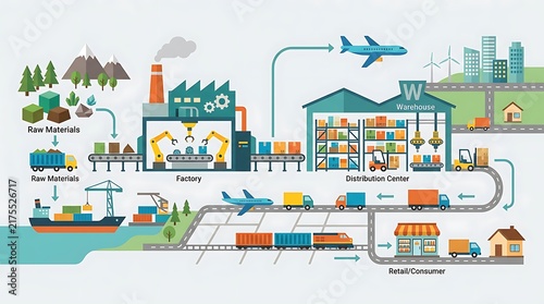 Global Supply Chain Process Infographic showing Logistics from Raw Materials to Consumer Delivery