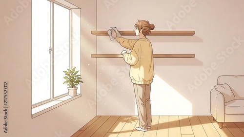 Young Woman Cleaning Wooden Shelves in a Sunny Living Room Interior Illustration Style for Home Care and Lifestyle Concept