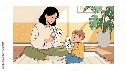 Mother and Toddler Playing Learning Game with Flashcards at Home Living Room in Flat Vector Illustration Style