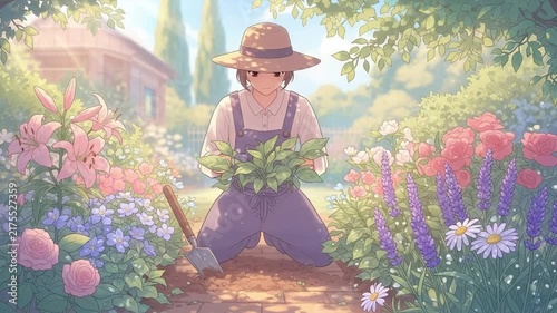 Young Woman Gardening in Sunny Countryside Yard with Blooming Flowers and Straw Hat in Anime Style Illustration