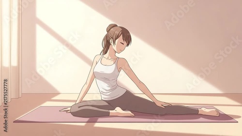 Young Woman Practicing Yoga Stretching on Mat in Sunny Living Room for Healthy Lifestyle Concept Art Illustration