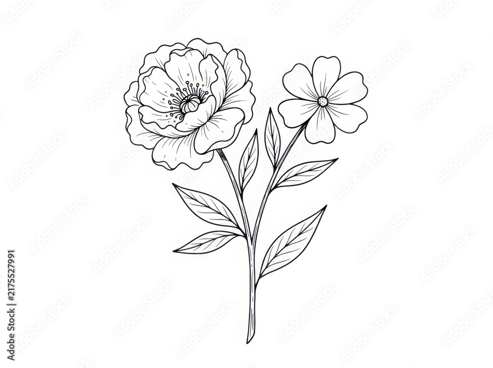 Obraz premium Detailed floral sketch with peony and daisy flowers