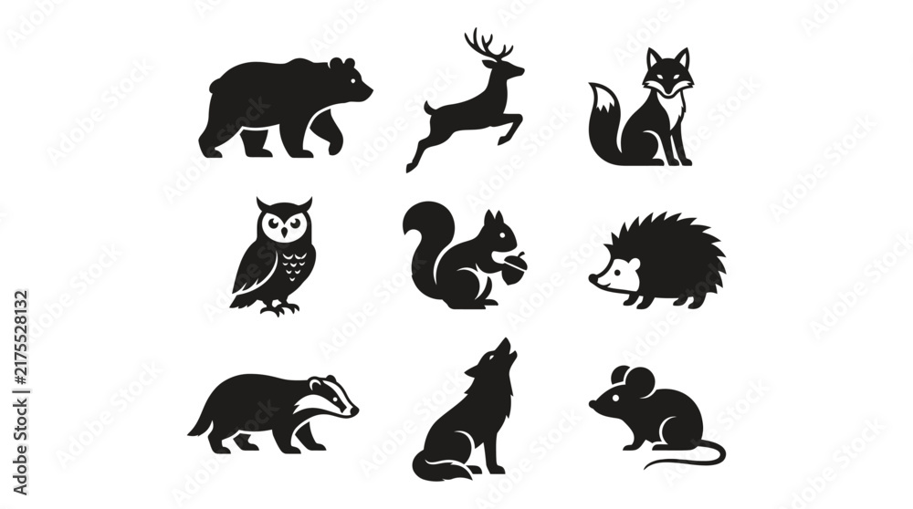 Obraz premium Forest and woodland animal silhouette collection.
