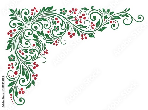 Elegant floral corner border with red berries and leaves