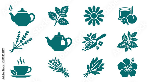 Herbal tea and infusion icons with teapots and botanicals.