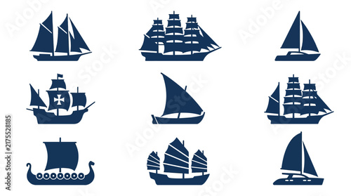Historical and modern sailing ship icons.