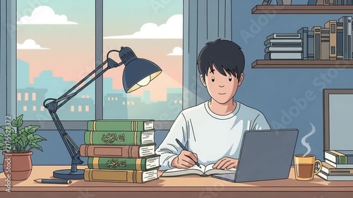 Young Student Studying at Desk with Laptop and Books in Cozy Room Illustration for Education