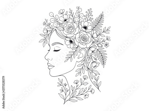Beautiful woman profile with floral hair arrangement