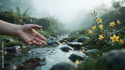 Hand touching water in a misty forest stream with yellow flowers and smooth river rocks