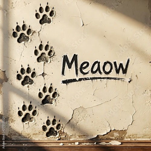
A textured, aged wall featuring a trail of three-dimensional cat paw prints leading towards the hand-written word 