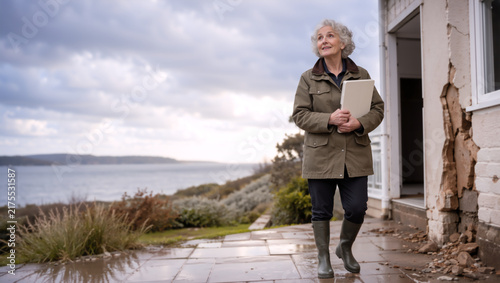Senior woman inspecting house damage with a tablet after a storm. Property insurance claim assessor walking outside cracked home. Natural disaster aftermath concept