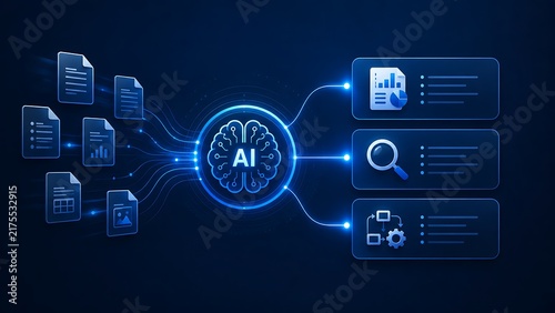 Obraz na płótnie Artificial Intelligence Brain Connecting To Various Digital Documents And Data Reports