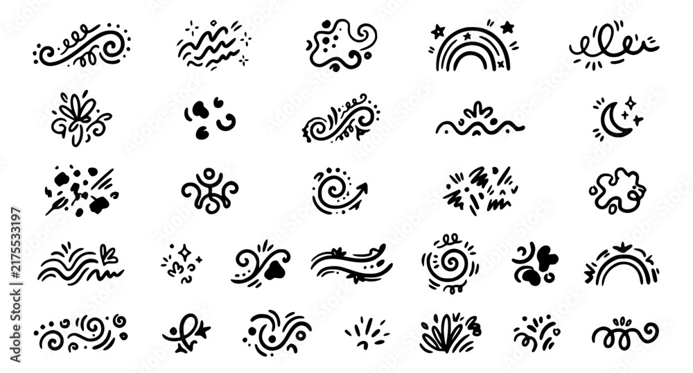 Obraz premium Cute hand drawn curvy line doodle design elements vector collection