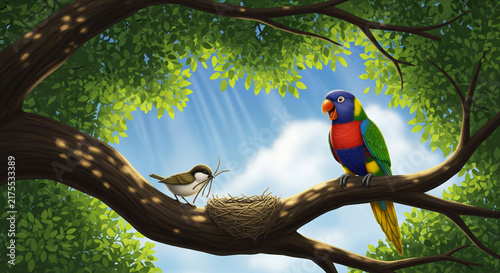 Cute cartoon macaw parrot with feathers sitting on a branch in a bright tropical jungle forest