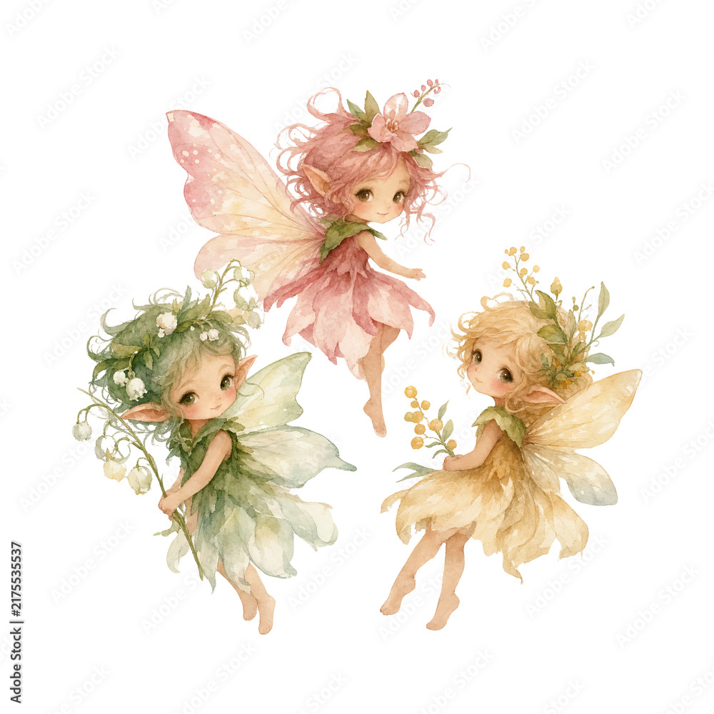 Obraz premium Cute watercolor fairy trio with floral elements isolated on a white background