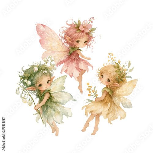 Photography Cute watercolor fairy trio with floral elements isolated on a white background