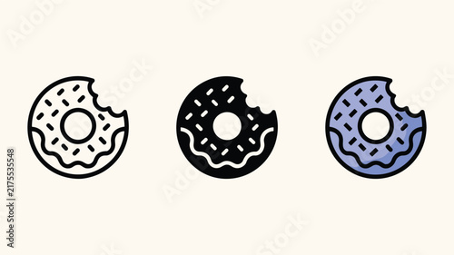 Glazed donut with bite mark icon set in outline glyph and colored styles for bakery and food industry branding.
